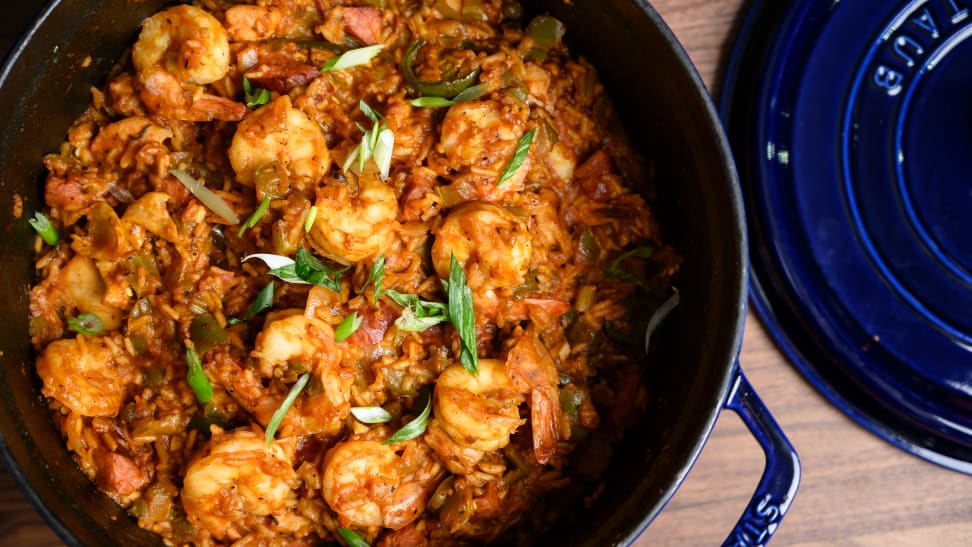 A pot full of homemade jambalaya with the lid removed, shot from above.