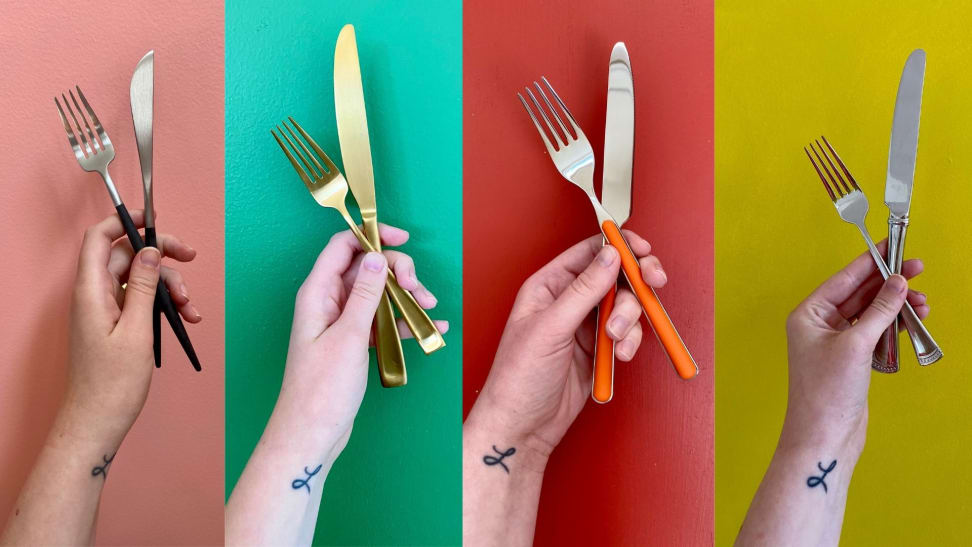 Four side by side photos of a hand holding sets of silverware.