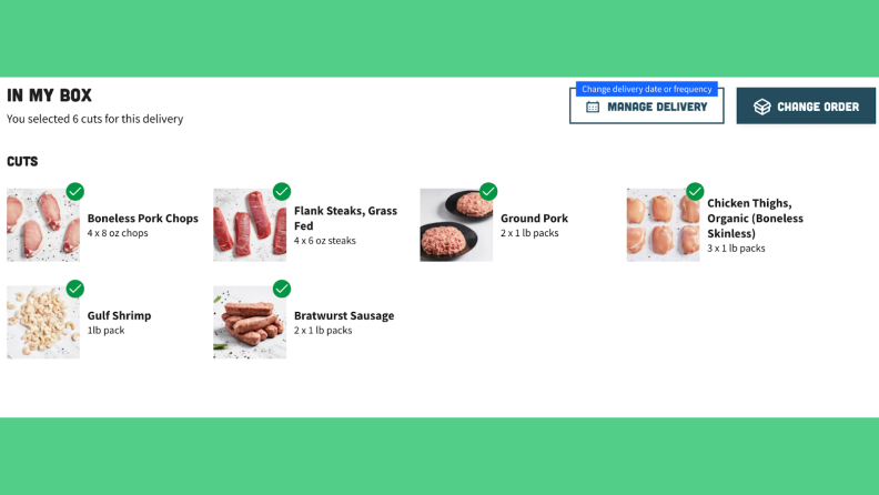 User selecting assorted meats to add to their monthly subscription.