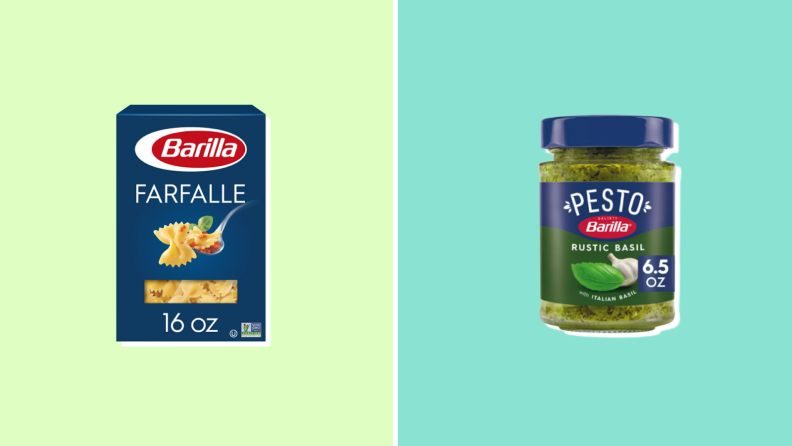 Box of Barilla farfelle bowtie pasta next to jar of Barilla pesto sauce.