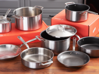 An array of nonstick and stainless steel pots and pans on a wooden surface