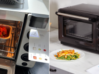 Left: Tovala Smart oven open with a tin of food inside. Right: Tovala Smart Oven Pro on a white counter with a plate of food in front of it.