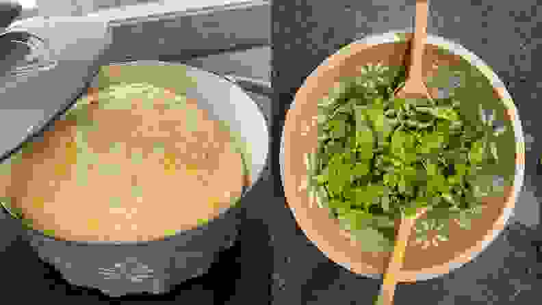 On left, Dutch oven lid being removed to reveal a loaf of white bread. On right, a salad bowl filled with arugula, shot from above.